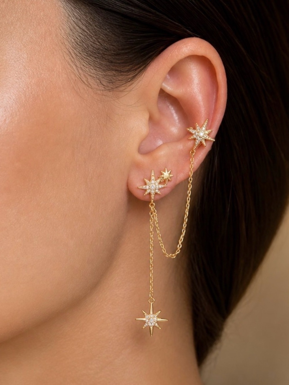 14K Gold Plated Star Chain Ear Cuff & Drop Earrings | Trendy Statement Jewelry